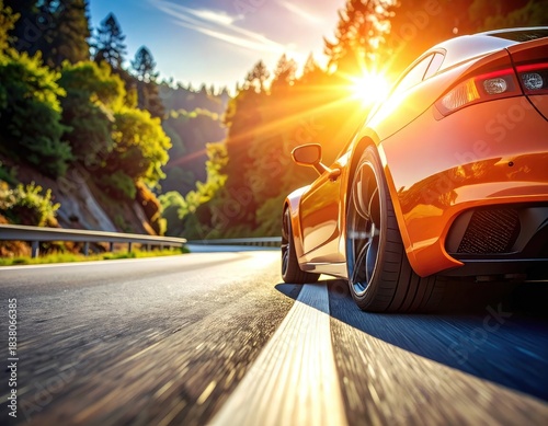 An orange sports car speeds down a sun-drenched mountain road through lush greenery.