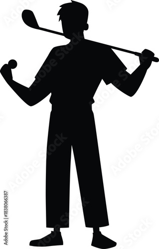 Black silhouette of a man holding a golf club over his shoulder and a ball in his hand.