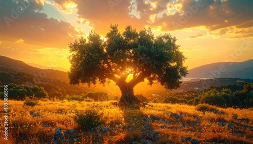 A solitary, ancient olive tree is backlit by a brilliant golden sunset over rolling, sun-drenched hills.
