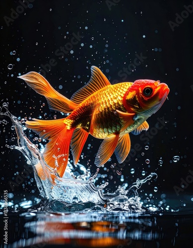 A vibrant goldfish leaps from dark water creating a dynamic splash.