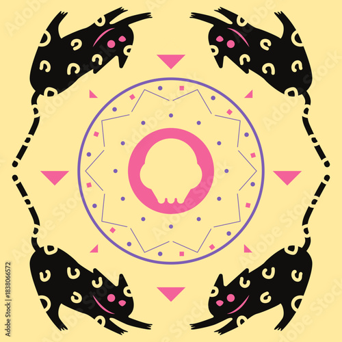 Mystical Mandala with Black Cats Design