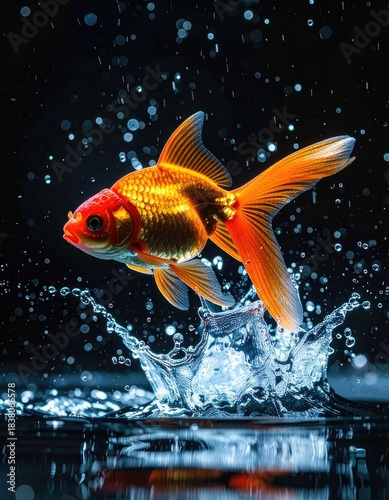 A vibrant goldfish leaps dramatically from dark water, creating a splash against a black background.