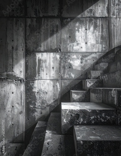 Dramatic black and white photograph capturing rough concrete textures and angular stairs under stark lighting.