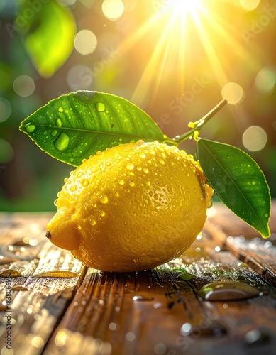 A vibrant, dewy lemon sits on a sunlit wooden surface with bright lens flare.