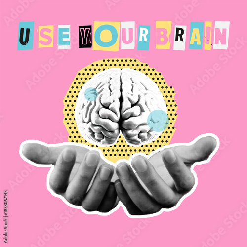 Pop art collage of human brain held by hands with playful cutout letters and halftone elements on pink background, symbolizing creativity, intelligence and mental power.