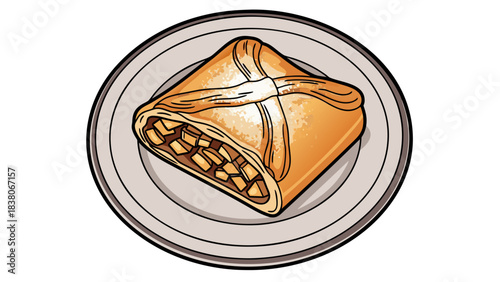 Square pastry with baked apple filling and lattice top presented on a light gray circular plate with dark gray rim detailed illustration with warm lighting and pixelated texture in a top down view