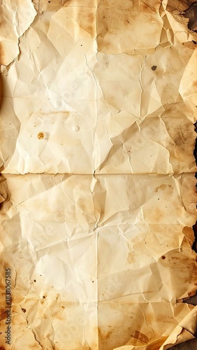 A highly textured, vertically oriented background featuring severely aged, crumpled, and stained parchment paper.