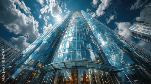 A striking modern skyscraper featuring reflective glass panels and a bright blue sky filled with clouds. The image captures the architectural design and beauty of urban spaces.