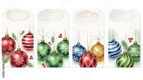 Watercolor Christmas Ornament Gift Tags Set with Red, Green, Blue and Gold Baubles, Festive Holiday Printable Labels