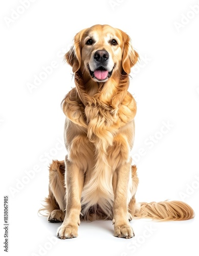 A happy Golden Retriever dog sitting attentively against a pure white background.