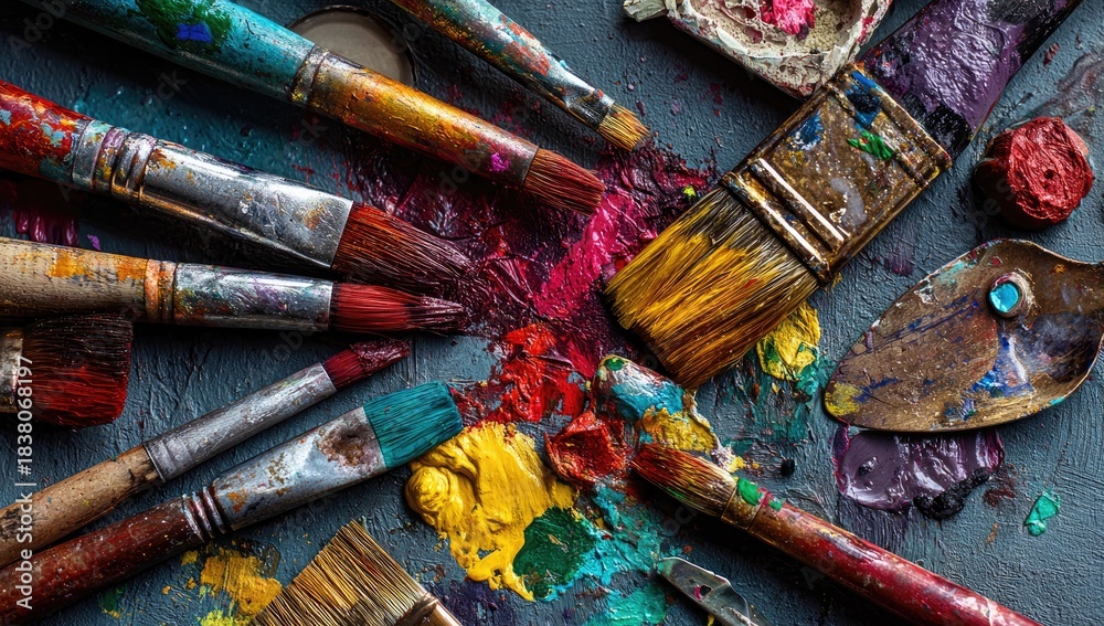 Fototapeta premium Assortment of art brushes and a palette covered in vibrant wet paint of various colors