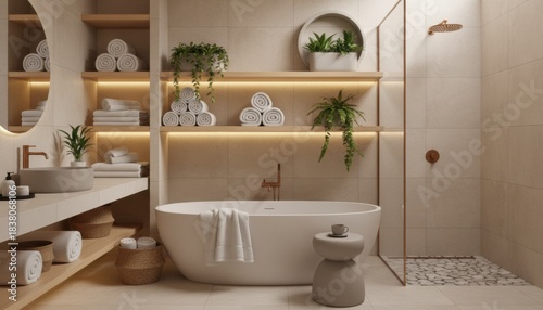 Serene bathroom with soft warm white tone featuring a freestanding tub gentle ambient light natural wood accents and greenery in a tranquil interior scene. Cloud Dancer 2026 Color of the Year.