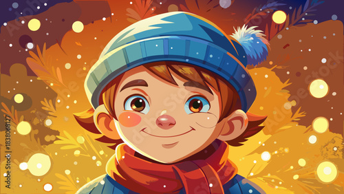 Very beautiful close-up winter portrait of a young boy smiling warmly, wearing a knitted beanie and scarf, playful snowflakes falling, Christmas atmosphere with gentle golden lights creating a festive
