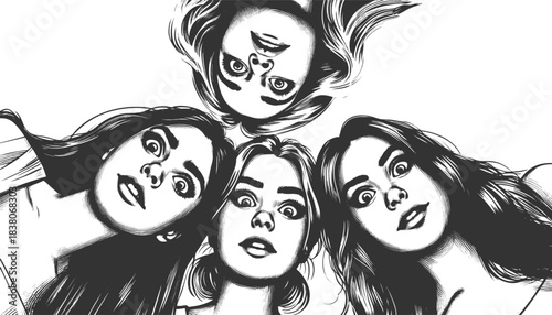 young women with wide eyes and surprised expressions, staring downward in unison sketch engraving generative ai fictional character vector illustration. Scratch board imitation. Black and white image.