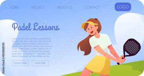 Padel lessons landing page, club advertising vector web banner, woman sports character hitting ball with padel racket