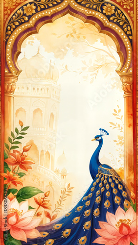 Vibrant Peacock Amidst Indian Architecture and Lotus Blooms | Wedding Card Template