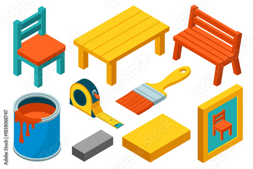 Home improvement tools and furniture isometric illustration set
