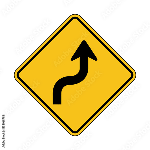 Winding road ahead traffic sign, left then right curve warning symbol, isolated on white background.