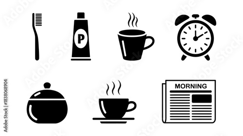 Daily morning routine icons: hygiene, coffee, alarm, newspaper