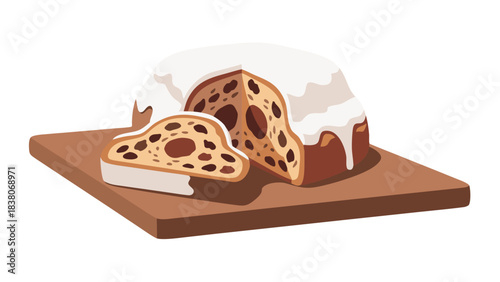 Traditional Stollen Cake With White Icing And Candied Fruits On A Wooden Board With A Slice Cut Showing Dark Interior And Raisins Festive Holiday Dessert