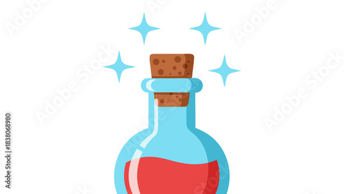 Transparent Glass Potion Bottle Filled With Red Liquid Corked With Wood Stopper And Surrounded By Blue Sparkles On Black Background