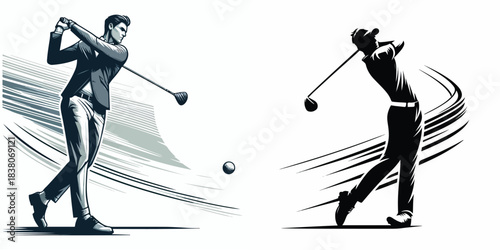 silhouette image of a man playing golf on a white background