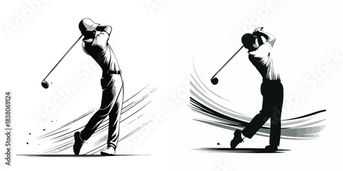 silhouette image of a man playing golf on a white background