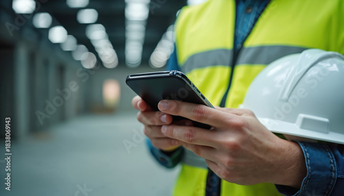 Construction worker in high visibility vest and hard hat holds smartphone. Man checks phone on building site. Professional uses mobile device indoors. Worker has protective gear.