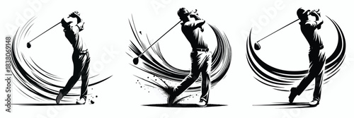 silhouette image of a man playing golf on a white background