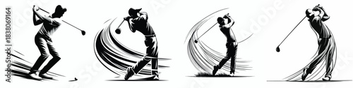 silhouette image of a man playing golf on a white background