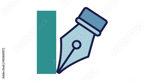 Teal And Blue Fountain Pen Nib Touching A Teal Vertical Line On A Black Background With Soft Lighting And Minimalist Style