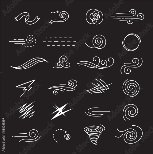 Collection of 20 Hand-Drawn Wind Doodles Featuring Swirling Loops, Curved Gusts, and Spiral Storms
