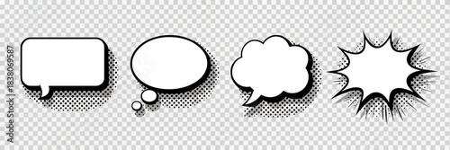 Classic comic book speech bubbles set, pop art style, transparent