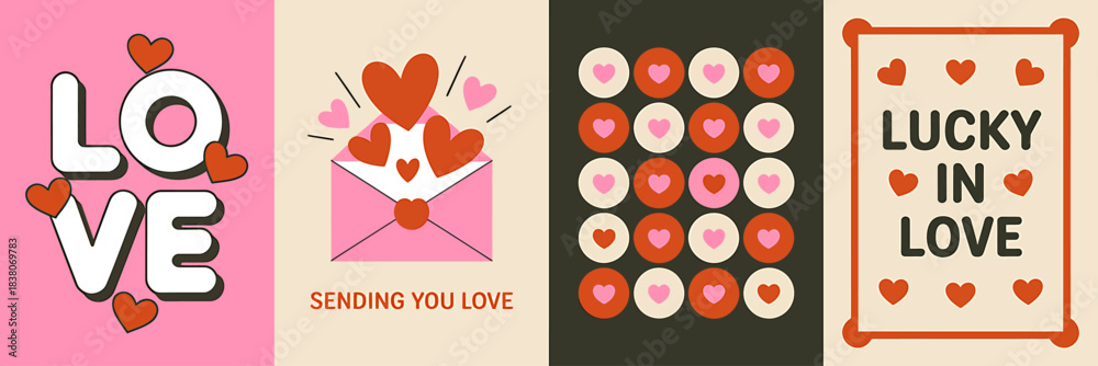 Fototapeta premium Vintage romantic love messages with heart graphics and patterns