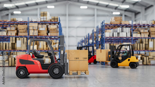 Two forklifts operating inside a large warehouse