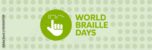 World Braille Days banner with hand touching Braille dots on a light green dotted background