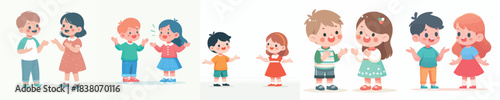vector little boy and little girl talking casually with open hand gestures