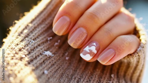 Closeup of stylish winter nail art on hand against snowdusted sweater in sunlight