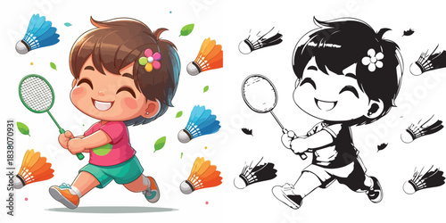 vector and silhouette set of little boy playing badminton on white background