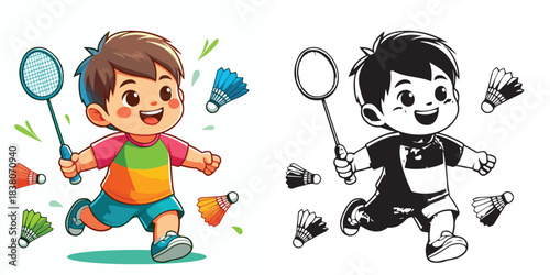 vector and silhouette set of little boy playing badminton on white background