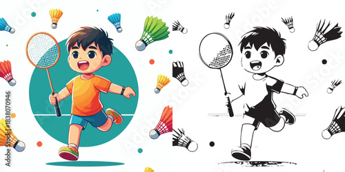 vector and silhouette set of little boy playing badminton on white background