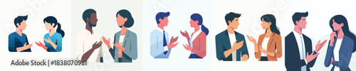 vector man and woman talking casually with open hand gestures