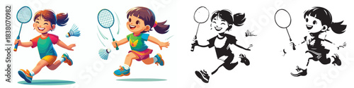 vector and silhouette set of little boy playing badminton on white background