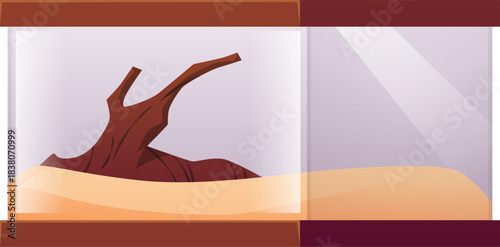 Glass rectangular terrarium with sand and driftwood for exotic animals.