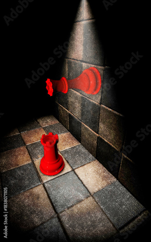 Chess pieces on two boards: Rook and Queen resting on two perpendicular boards. 3d rendering