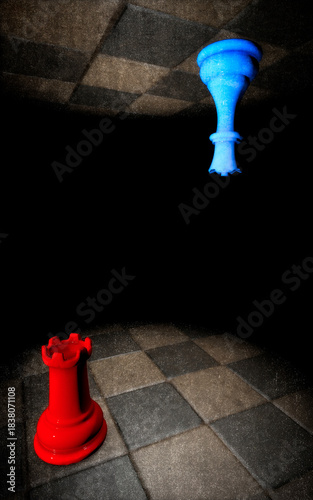 Chess pieces on a chessboard: Rook and Queen viewed upside down on two parallel planes. 3d rendering