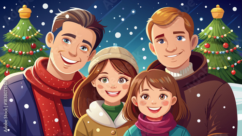 Very beautiful close-up Christmas family portrait with parents and two children smiling together in winter outfits, soft snow falling, warm festive lights in the background creating a joyful and heart
