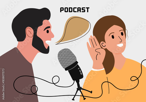 Podcast concept, Radio host. Media tool, mic and speech bubble. Podcaster speaking to mic the guest is listening, broadcaster at workspace. Vector illustration.