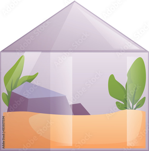 Glass terrarium icon with a lid, sand, rocks, and foliage inside.