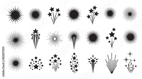 Radiant starburst and firework silhouettes with sparkling rays exploding star clusters and decorative burst patterns Concept of celebration light festivity joy